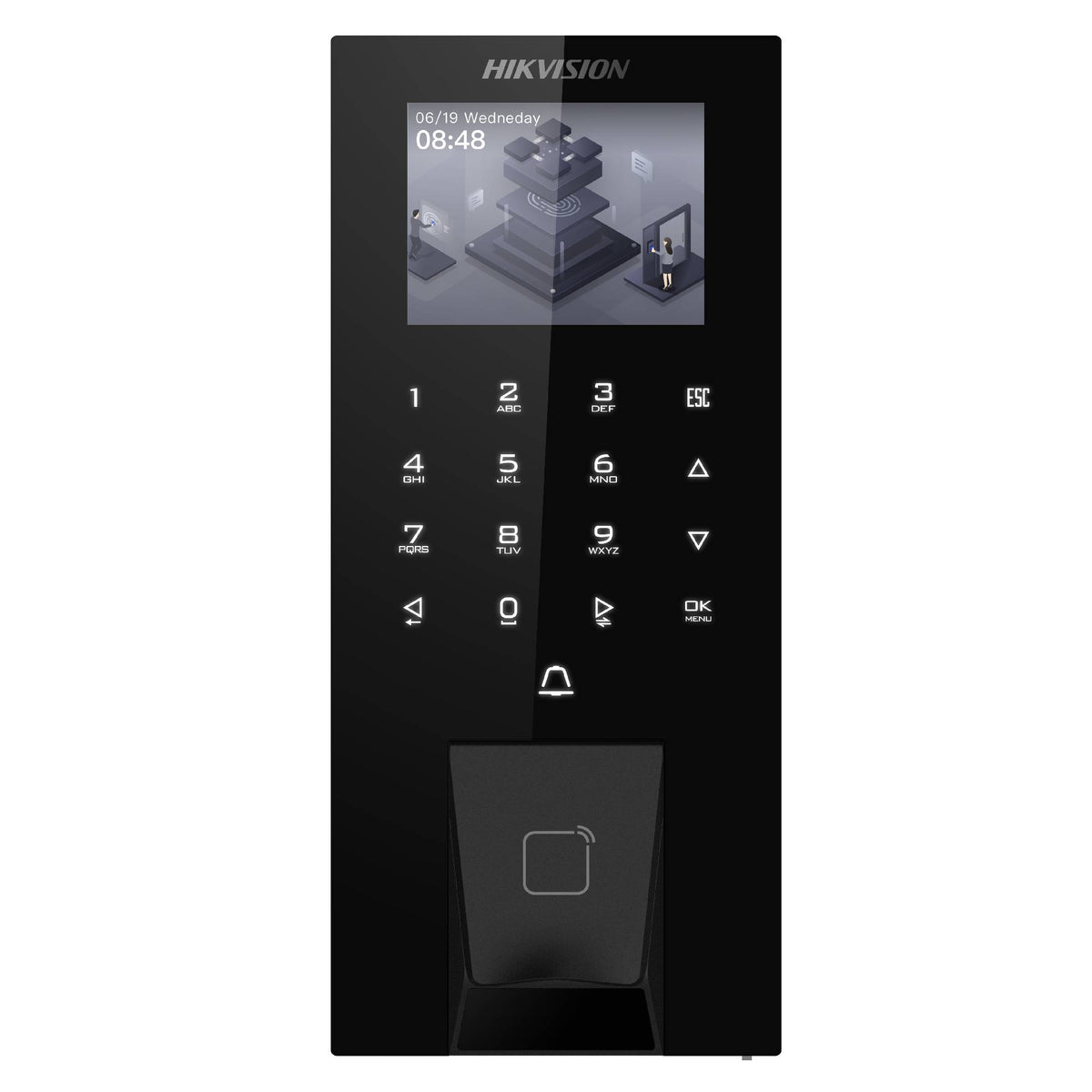 Indoor fingerprint T&A terminal, 5000 fingerprint capacity, 5000 card capacity, 1 relay, WiFi, 12VDC/POE-DS-K1T807MBFWX-E1
